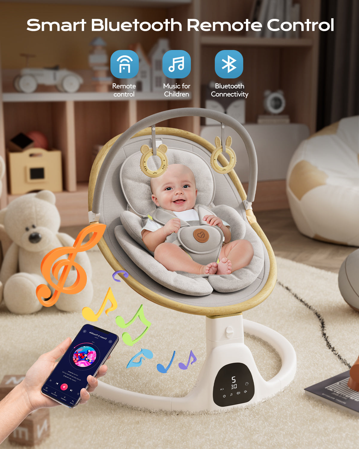 Baby Swing for Infants to Toddler Portable Babies Swing Timing Function 5 Swing Speeds Bluetooth Touch Screen Music Speaker with 10 Preset Lullabies 5-Point Carabiner White