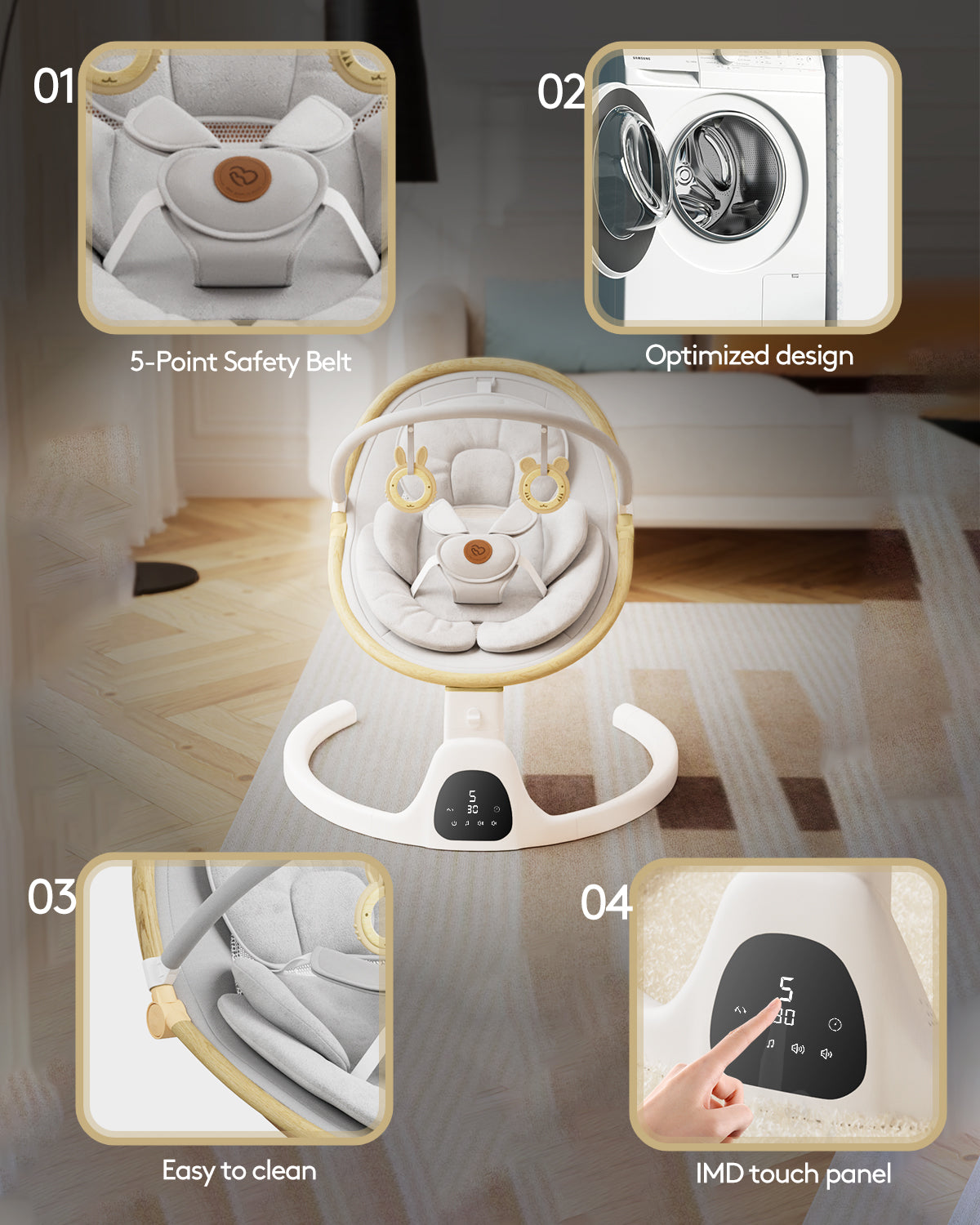 Baby Swing for Infants to Toddler Portable Babies Swing Timing Function 5 Swing Speeds Bluetooth Touch Screen Music Speaker with 10 Preset Lullabies 5-Point Carabiner White