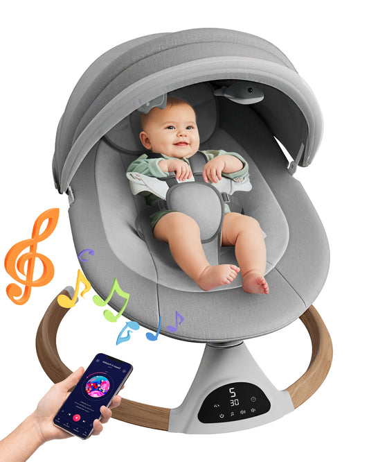 Babyomi Baby Swings for Infants, Bluetooth Infant Swing with Music Speaker with 5 Point Harness Belt, 5 Speeds and Remote Control - Portable Baby Swing for Indoor and Outdoor Gray