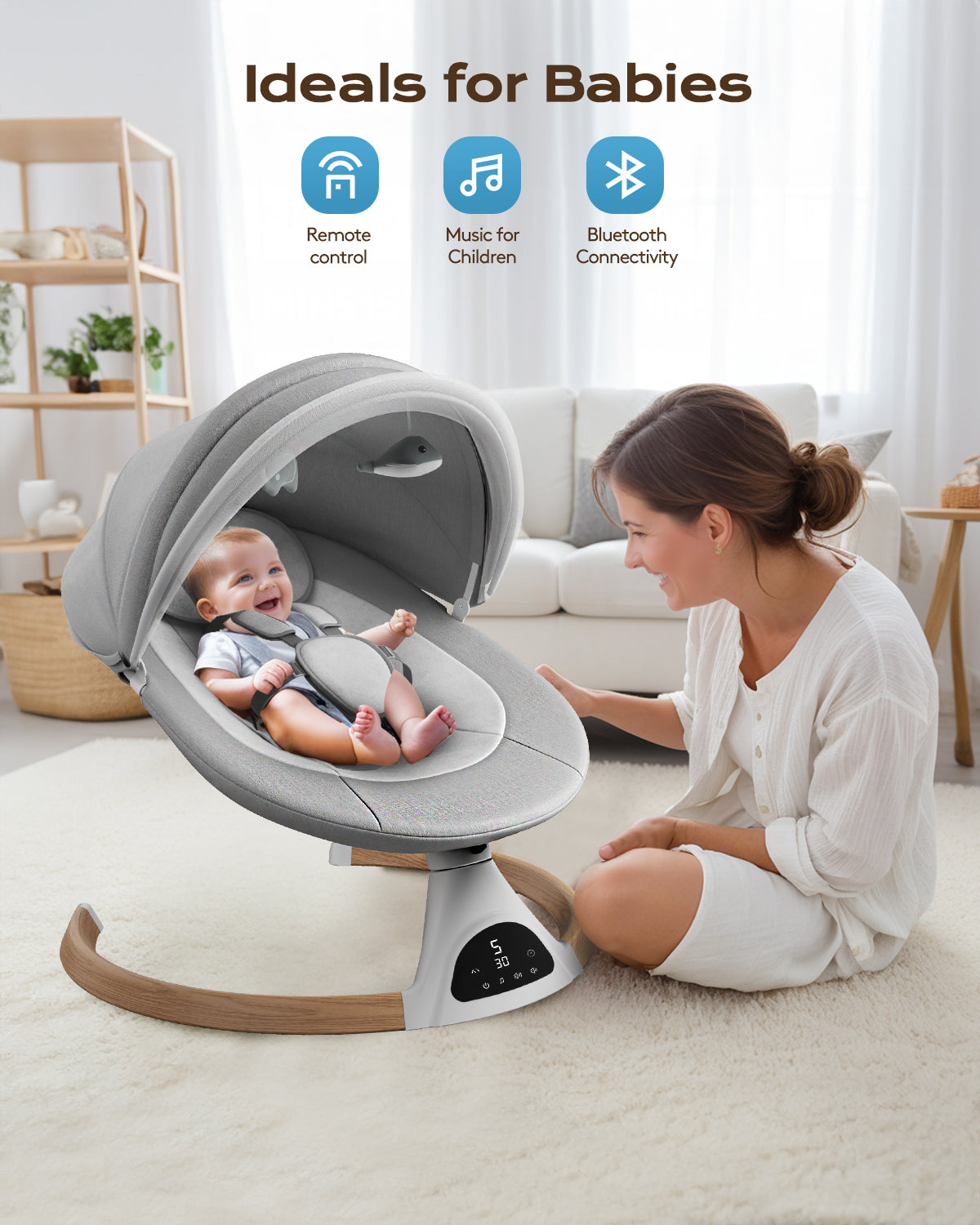 Babyomi Baby Swings for Infants, Bluetooth Infant Swing with Music Speaker with 5 Point Harness Belt, 5 Speeds and Remote Control - Portable Baby Swing for Indoor and Outdoor Gray