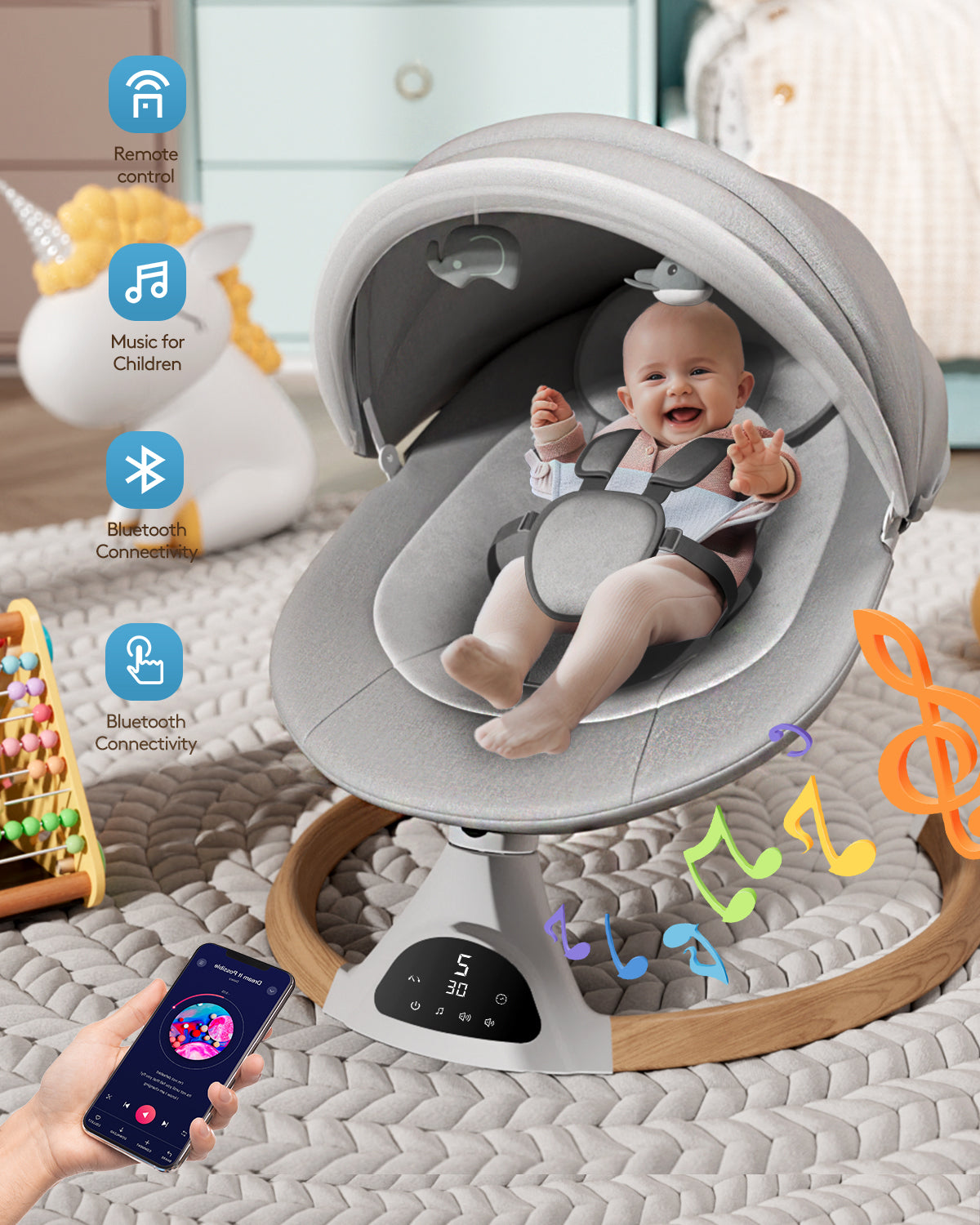 Babyomi Baby Swings for Infants, Bluetooth Infant Swing with Music Speaker with 5 Point Harness Belt, 5 Speeds and Remote Control - Portable Baby Swing for Indoor and Outdoor Gray