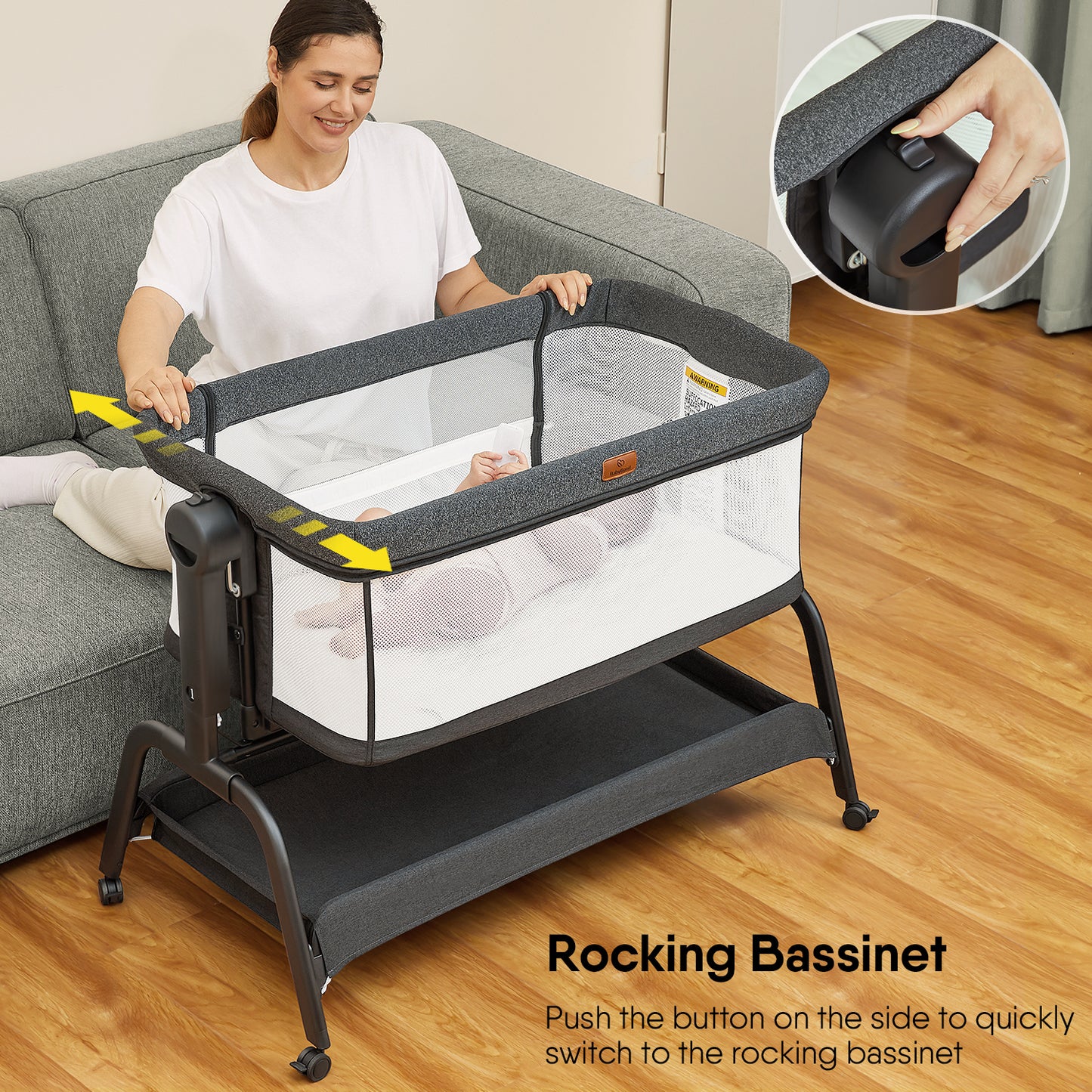 BabyBond Baby Bassinet, 3 in 1 Infant & Toddler Cradle with Soft Waterproof Mattress and Skin-Friendly & Breathable Sheet, 6 Height Adjustable, Easy to Assemble Bedside Crib Sleeper, Black+grey (Y08)