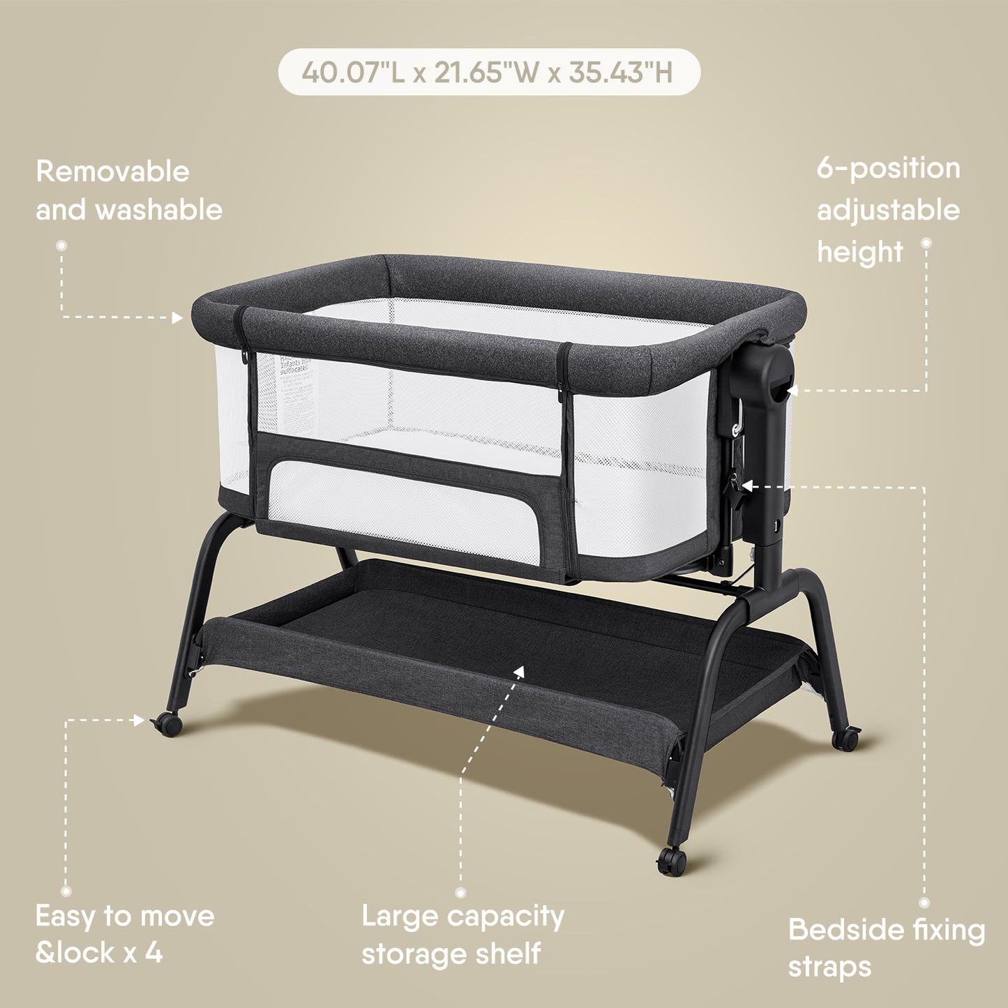 BabyBond Baby Bassinet, 3 in 1 Infant & Toddler Cradle with Soft Waterproof Mattress and Skin-Friendly & Breathable Sheet, 6 Height Adjustable, Easy to Assemble Bedside Crib Sleeper, Black+grey (Y08)