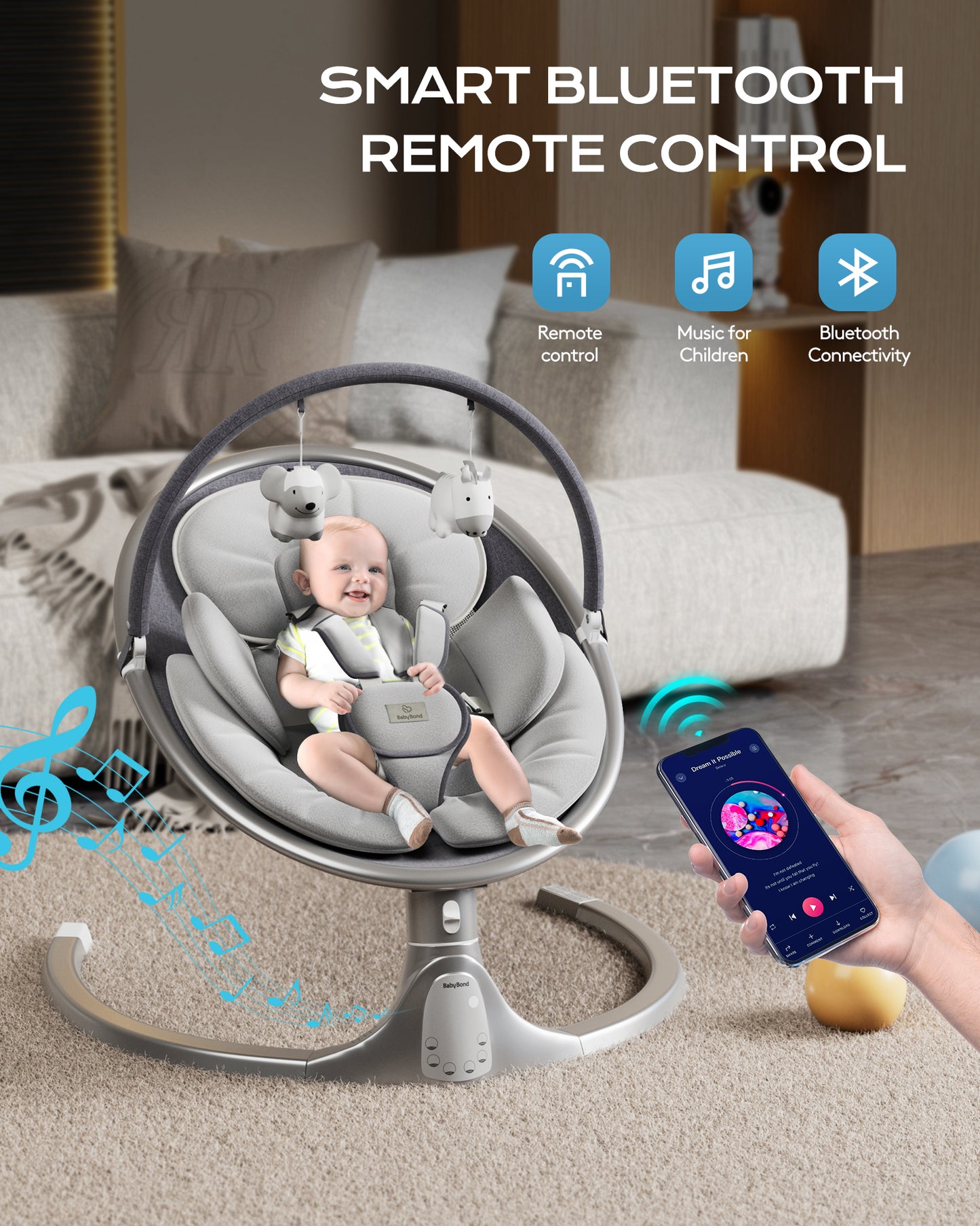 Baby Swing for Infants, Portable Swing for Baby Boy Girl,Remote Control Indoor Baby Rocker with 5 Sway Speeds,1 Seat Positions,10 Music and Bluetooth